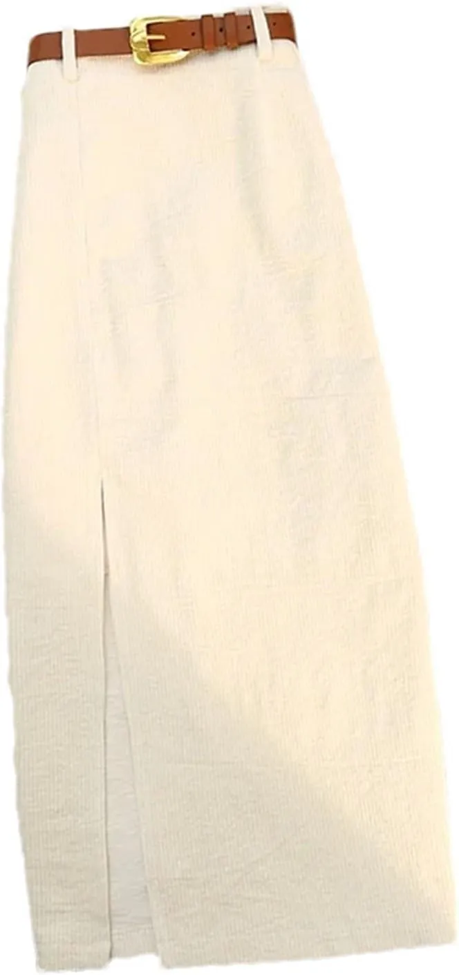 Women's Corduroy Skirt Belt High Waist Straight Casual Office Front Slit Skirt