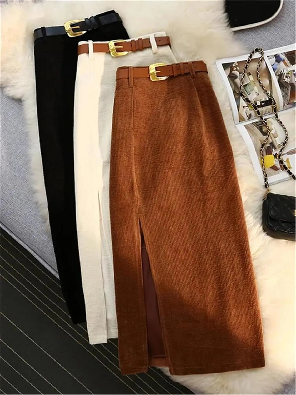 Women's Corduroy Skirt Belt High Waist Straight Casual Office Front Slit Skirt