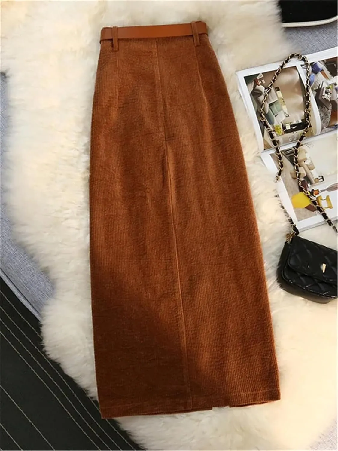 Women's Corduroy Skirt Belt High Waist Straight Casual Office Front Slit Skirt