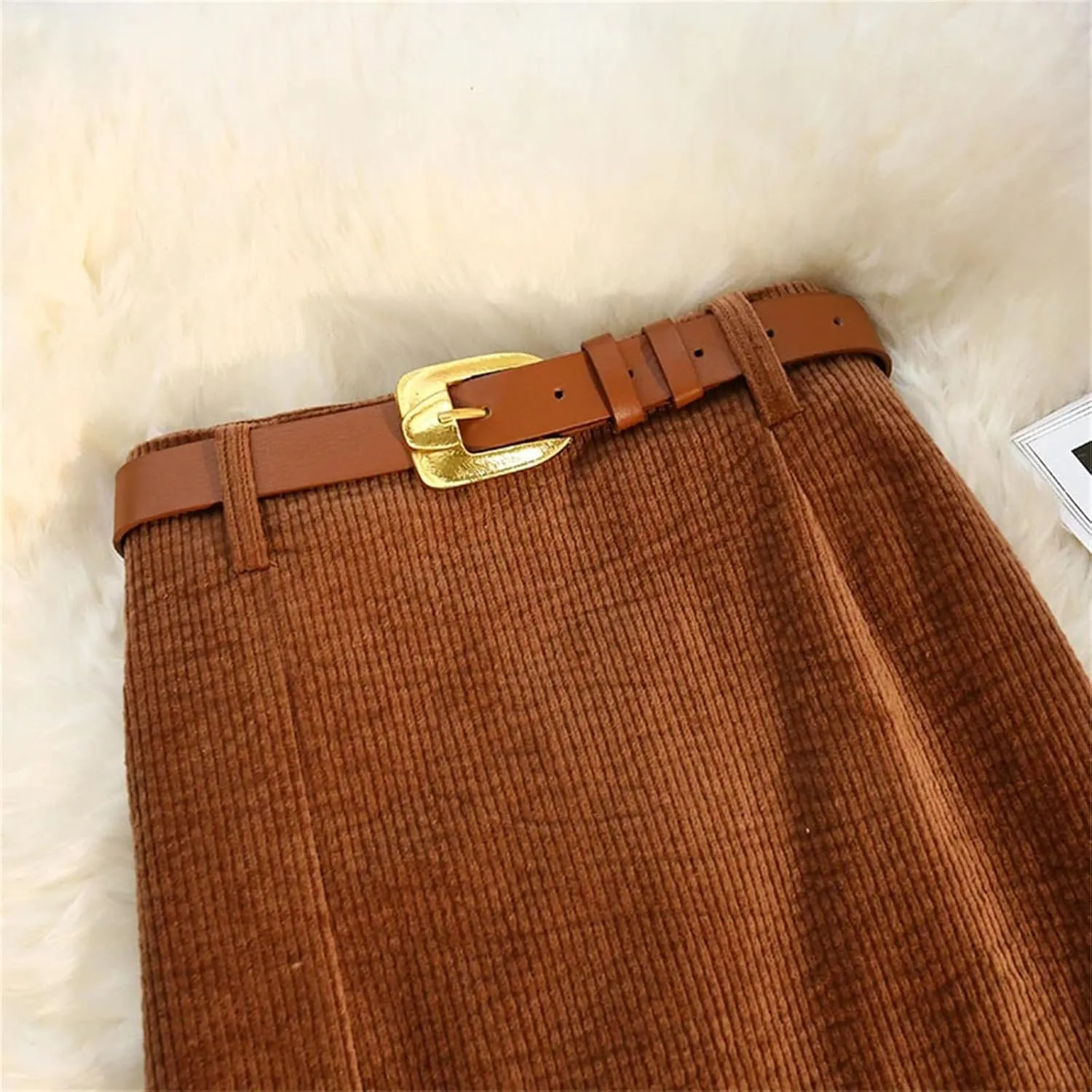 Women's Corduroy Skirt Belt High Waist Straight Casual Office Front Slit Skirt
