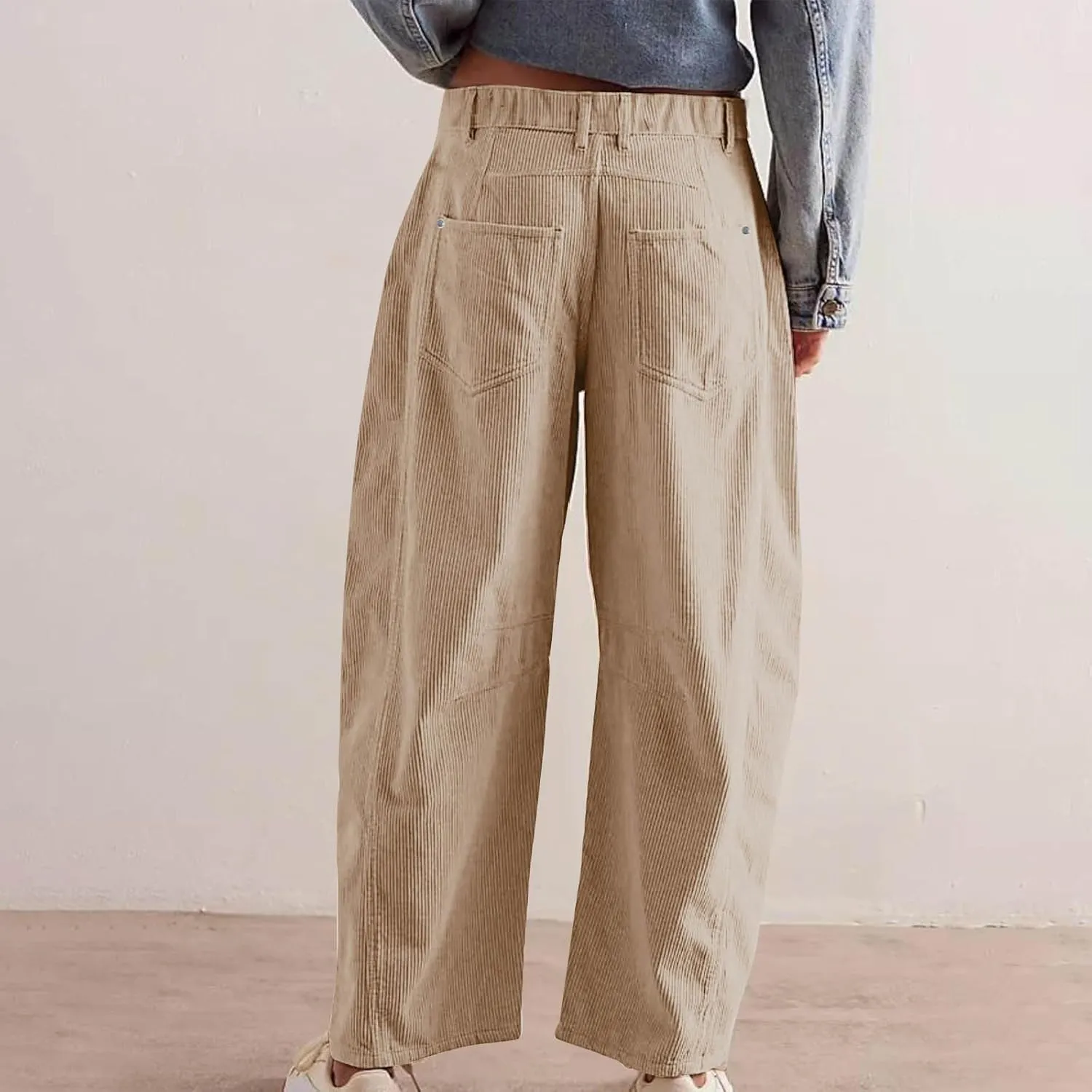 Womens Corduroy Straight Leg Pants Trendy Barrel Button Elastic Waist Trousers Lounge Mid Rise Bottoms with Pockets