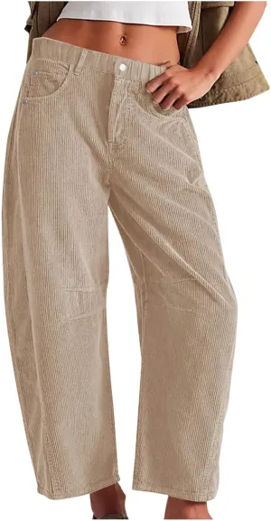 Womens Corduroy Straight Leg Pants Trendy Barrel Button Elastic Waist Trousers Lounge Mid Rise Bottoms with Pockets