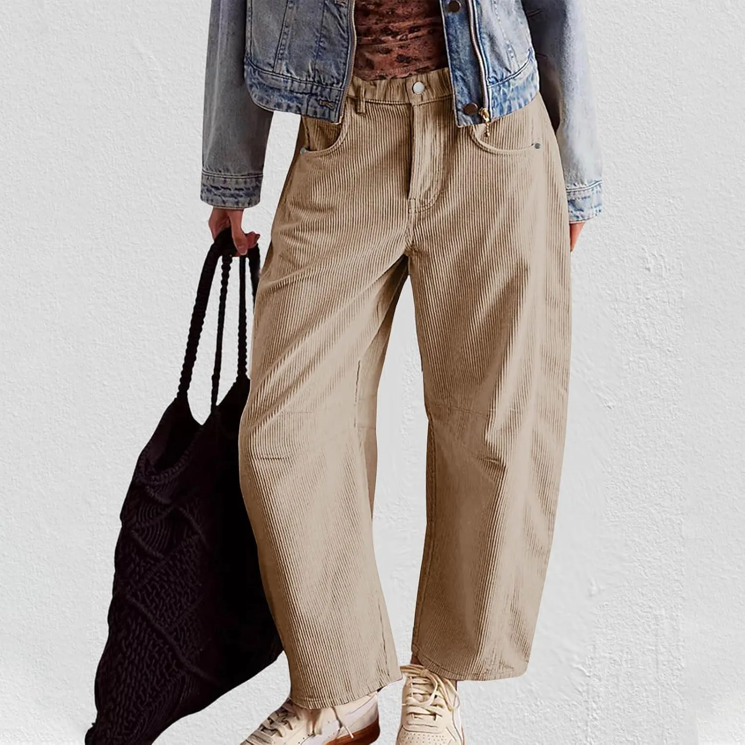 Womens Corduroy Straight Leg Pants Trendy Barrel Button Elastic Waist Trousers Lounge Mid Rise Bottoms with Pockets