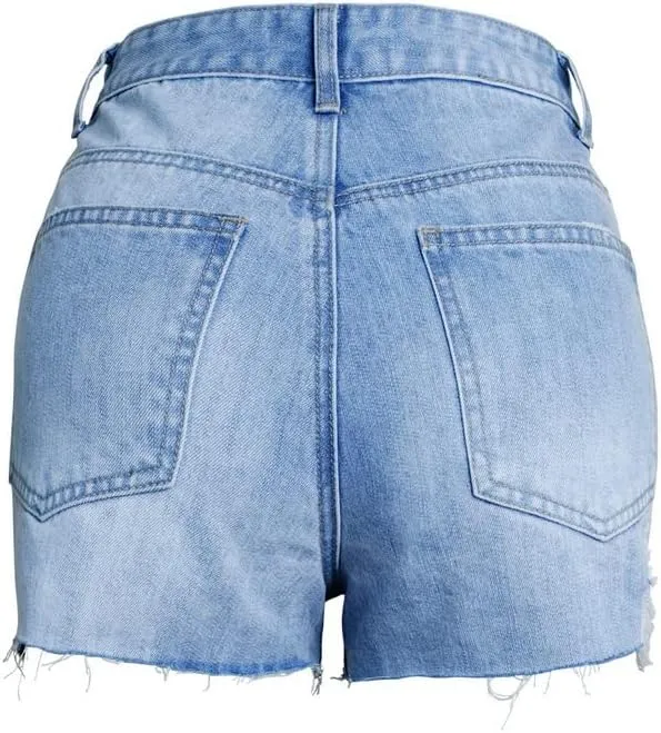 Women's Denim Shorts Ripped Irregular Tassels Hem Sexy Studded Mid Waisted Jean Short Pants