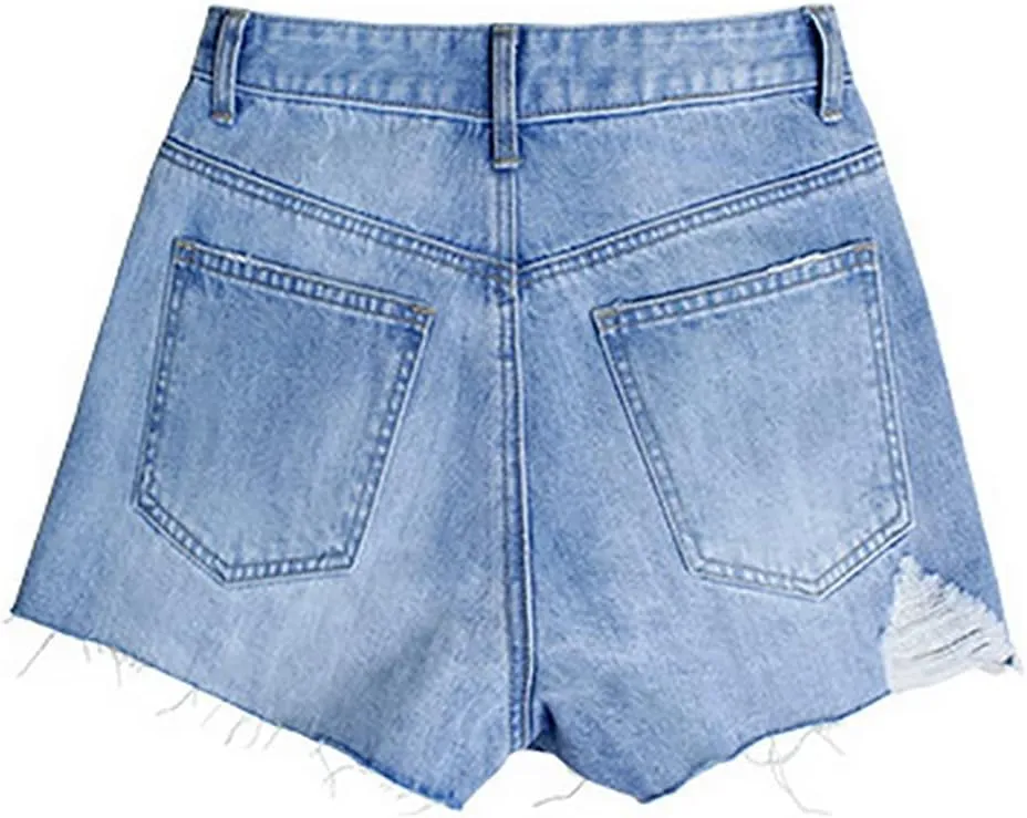 Women's Denim Shorts Ripped Irregular Tassels Hem Sexy Studded Mid Waisted Jean Short Pants