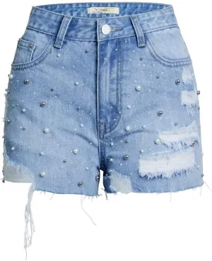 Women's Denim Shorts Ripped Irregular Tassels Hem Sexy Studded Mid Waisted Jean Short Pants