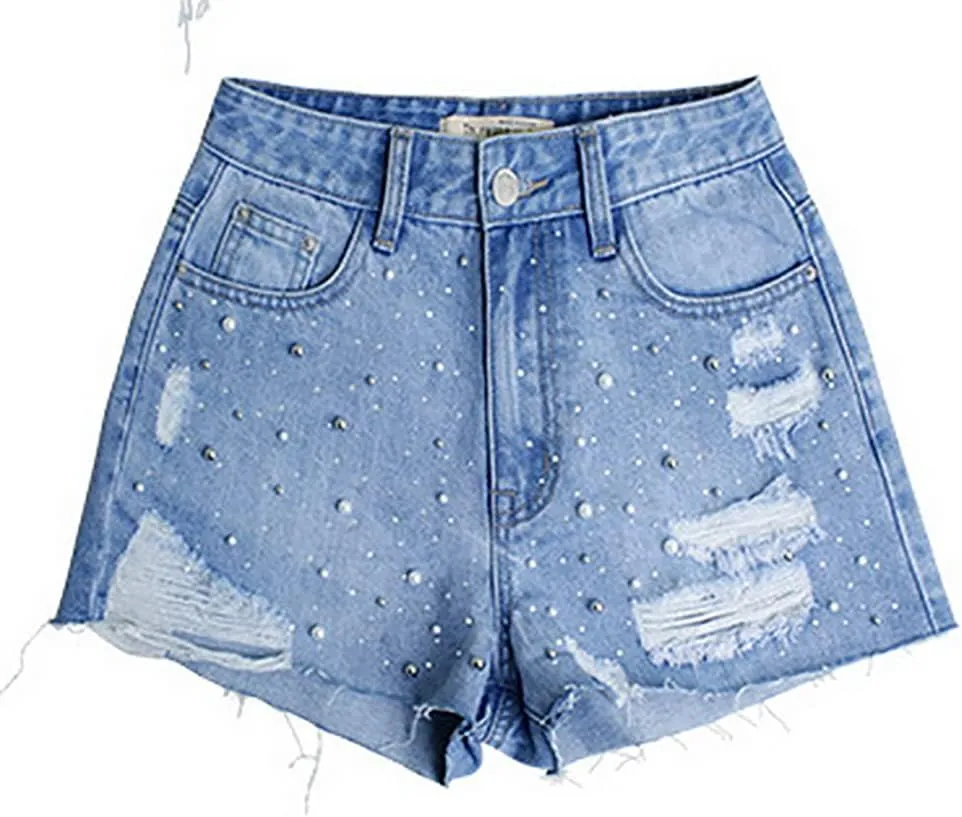 Women's Denim Shorts Ripped Irregular Tassels Hem Sexy Studded Mid Waisted Jean Short Pants