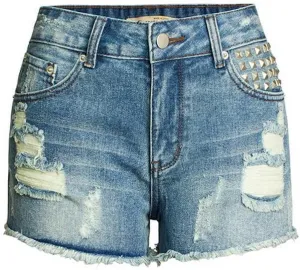 Women's Denim Shorts Ripped Irregular Tassels Hem Sexy Studded Mid Waisted Jean Short Pants