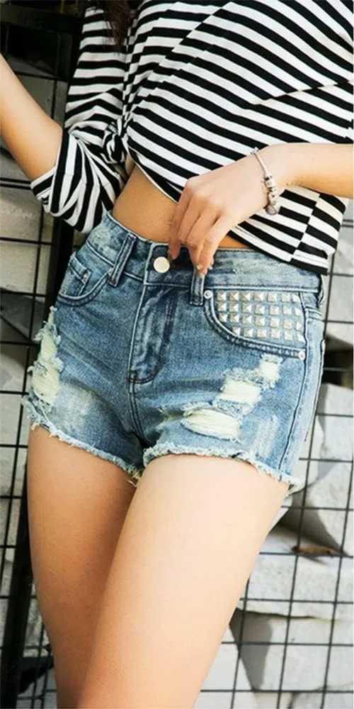 Women's Denim Shorts Ripped Irregular Tassels Hem Sexy Studded Mid Waisted Jean Short Pants