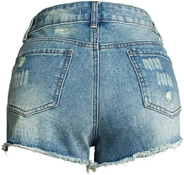 Women's Denim Shorts Ripped Irregular Tassels Hem Sexy Studded Mid Waisted Jean Short Pants