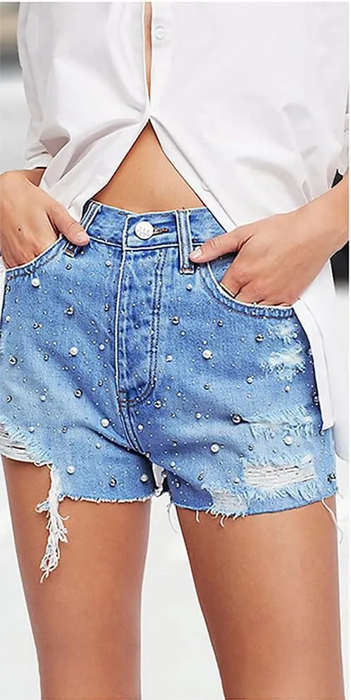 Women's Denim Shorts Ripped Irregular Tassels Hem Sexy Studded Mid Waisted Jean Short Pants