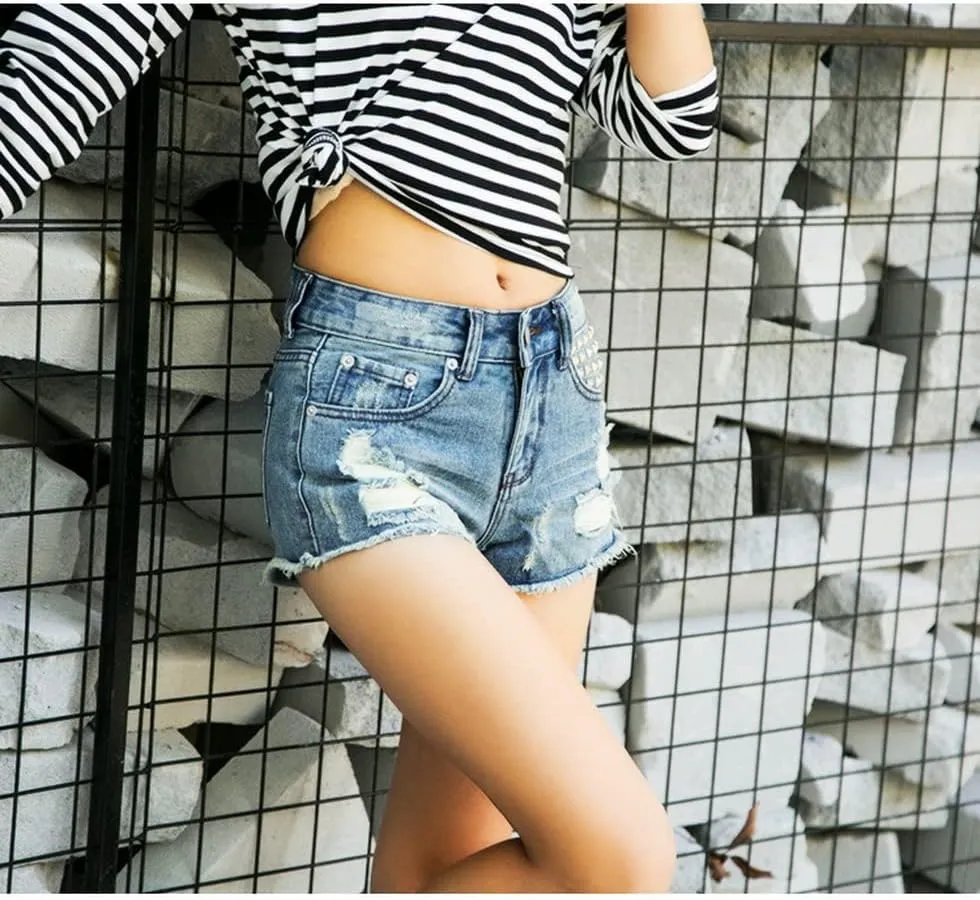 Women's Denim Shorts Ripped Irregular Tassels Hem Sexy Studded Mid Waisted Jean Short Pants