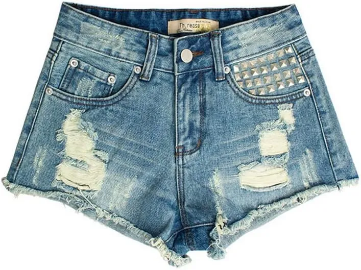 Women's Denim Shorts Ripped Irregular Tassels Hem Sexy Studded Mid Waisted Jean Short Pants