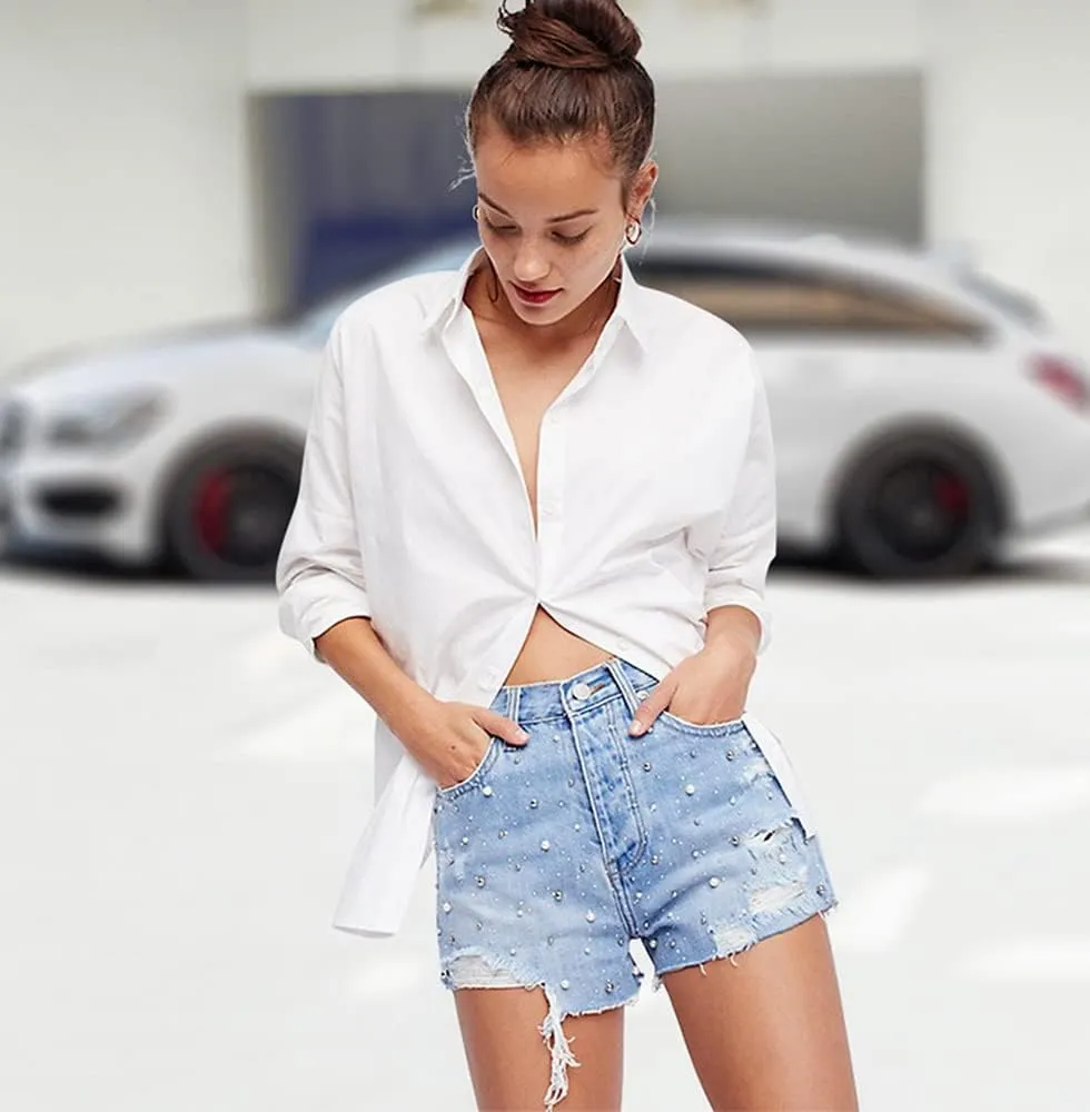 Women's Denim Shorts Ripped Irregular Tassels Hem Sexy Studded Mid Waisted Jean Short Pants