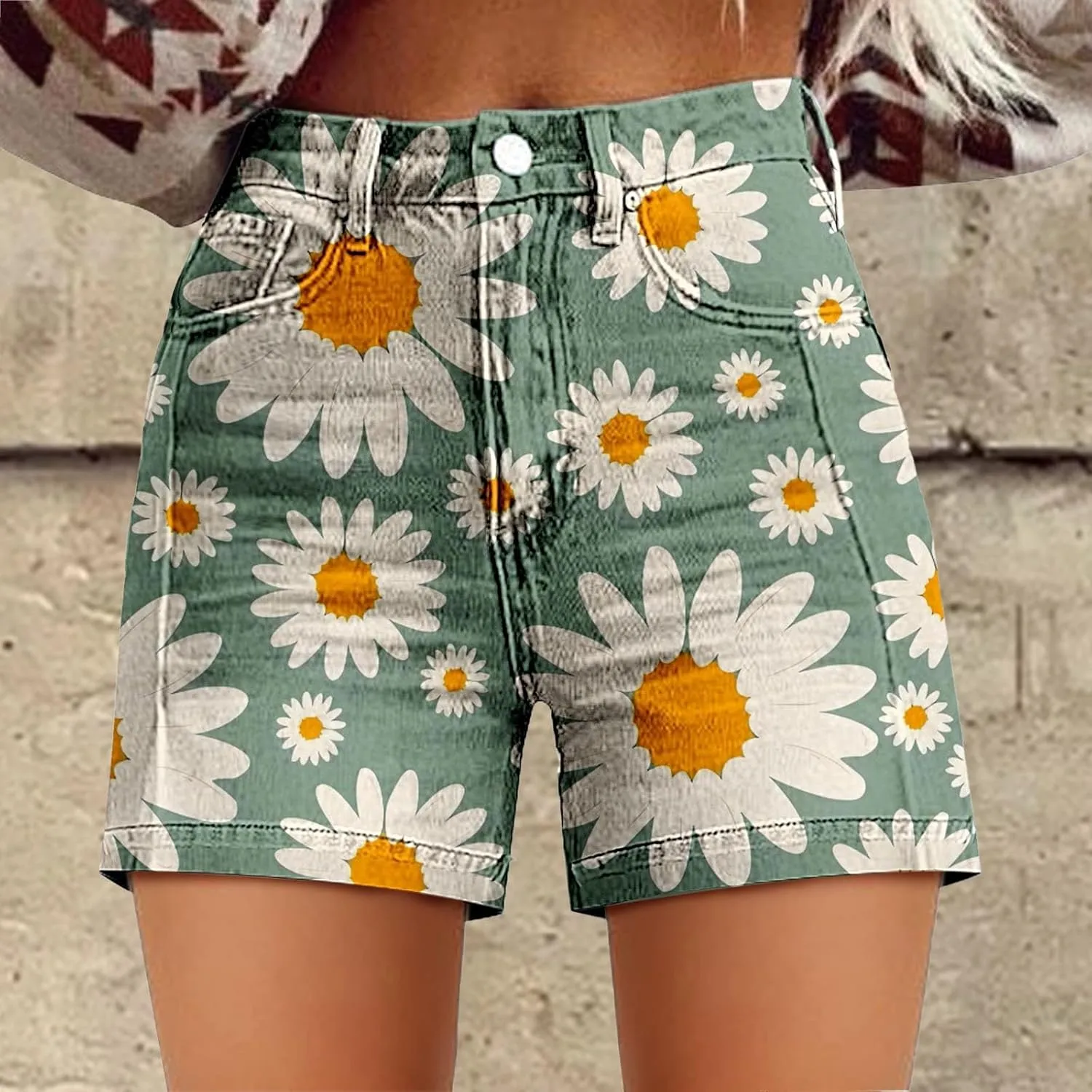 Womens Denim Shorts Summer Casual High Waist Fit Art Retro Printed Floral Athletic Biker Sweatpants with Pockets