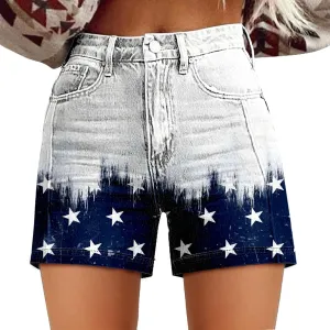 Womens Denim Shorts Summer Casual High Waist Fit Art Retro Printed Floral Athletic Biker Sweatpants with Pockets