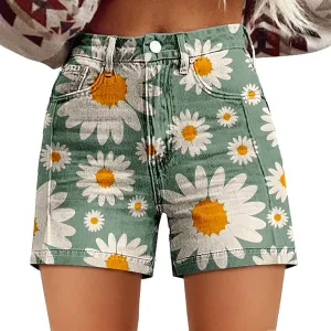 Womens Denim Shorts Summer Casual High Waist Fit Art Retro Printed Floral Athletic Biker Sweatpants with Pockets