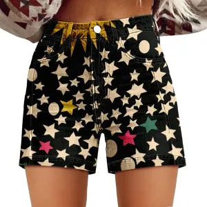 Womens Denim Shorts Summer Casual High Waist Fit Art Retro Printed Floral Athletic Biker Sweatpants with Pockets