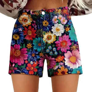 Womens Denim Shorts Summer Casual High Waist Fit Art Retro Printed Floral Athletic Biker Sweatpants with Pockets