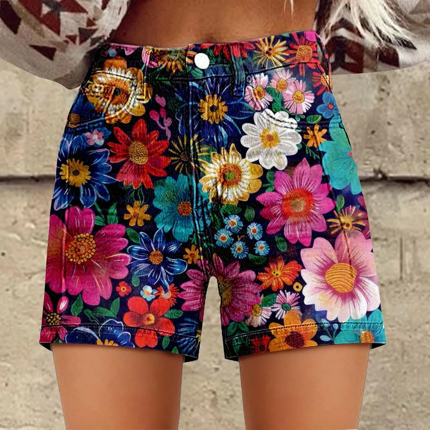 Womens Denim Shorts Summer Casual High Waist Fit Art Retro Printed Floral Athletic Biker Sweatpants with Pockets