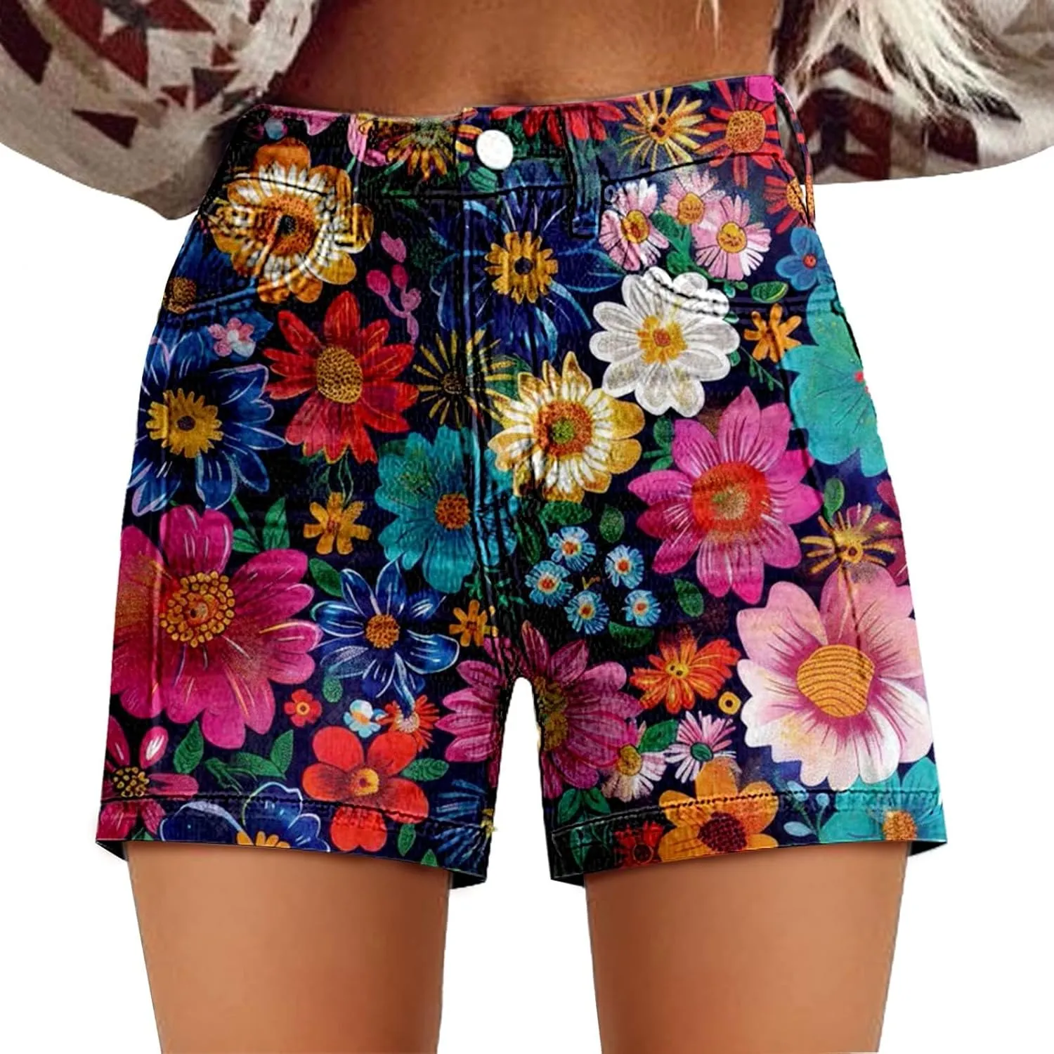 Womens Denim Shorts Summer Casual High Waist Fit Art Retro Printed Floral Athletic Biker Sweatpants with Pockets