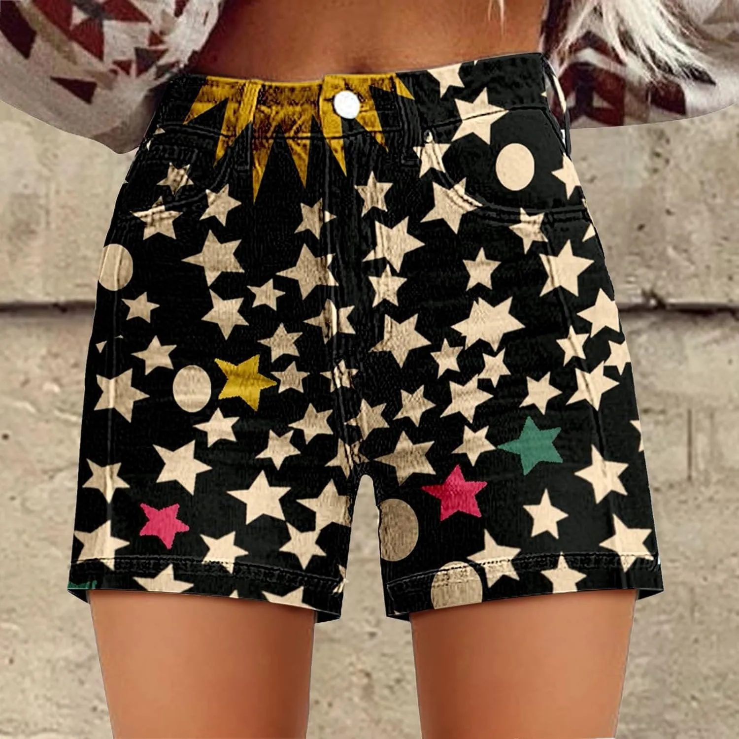 Womens Denim Shorts Summer Casual High Waist Fit Art Retro Printed Floral Athletic Biker Sweatpants with Pockets