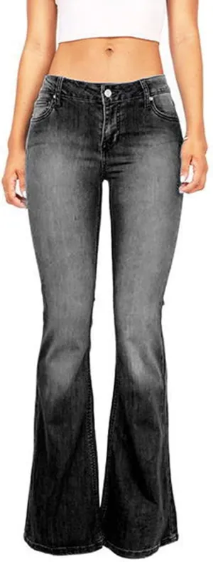 Women's Denim Stretch Thin Flared Mid Waist Pull-On Bootcut Slim Flare Jean Button Up Bell Bottom Stretch Classic
