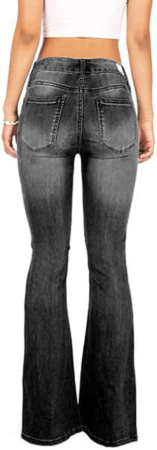 Women's Denim Stretch Thin Flared Mid Waist Pull-On Bootcut Slim Flare Jean Button Up Bell Bottom Stretch Classic
