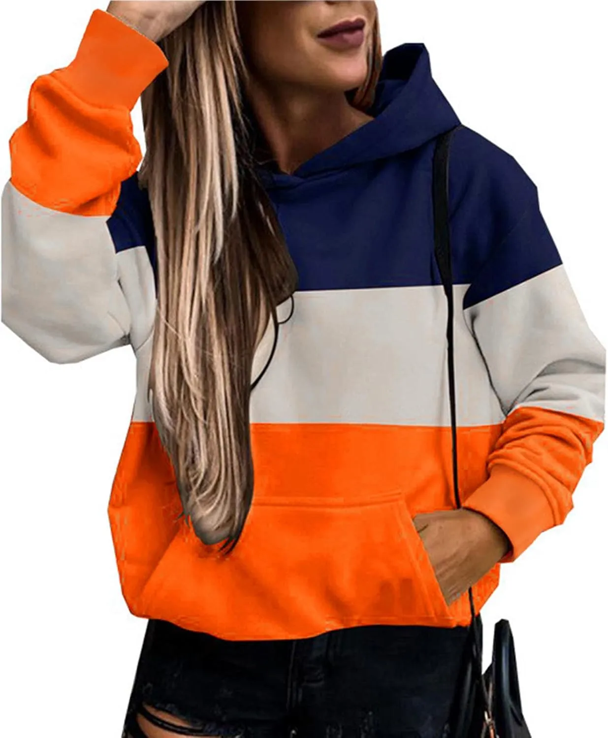 Womens Fall Thin Fleece Hoodie Stylish Colorblock Slouchy Hooded Sweatshirts Preppy Long Sleeve Sport Running Top