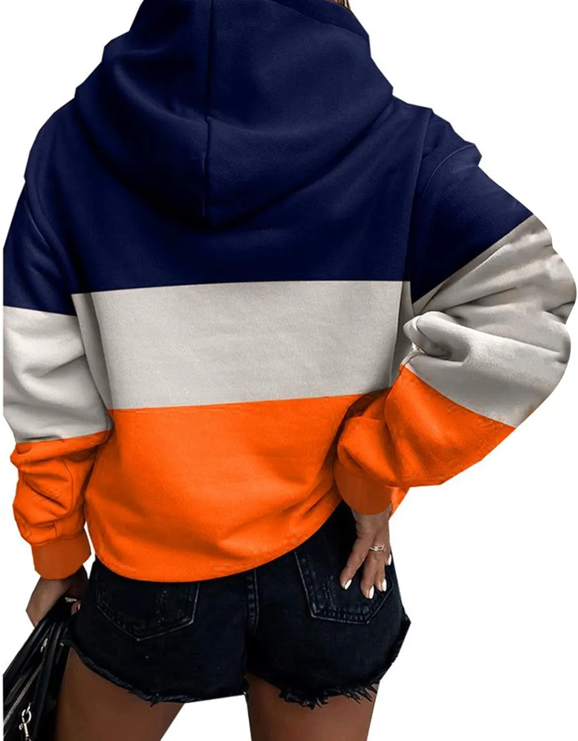 Womens Fall Thin Fleece Hoodie Stylish Colorblock Slouchy Hooded Sweatshirts Preppy Long Sleeve Sport Running Top
