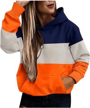 Womens Fall Thin Fleece Hoodie Stylish Colorblock Slouchy Hooded Sweatshirts Preppy Long Sleeve Sport Running Top
