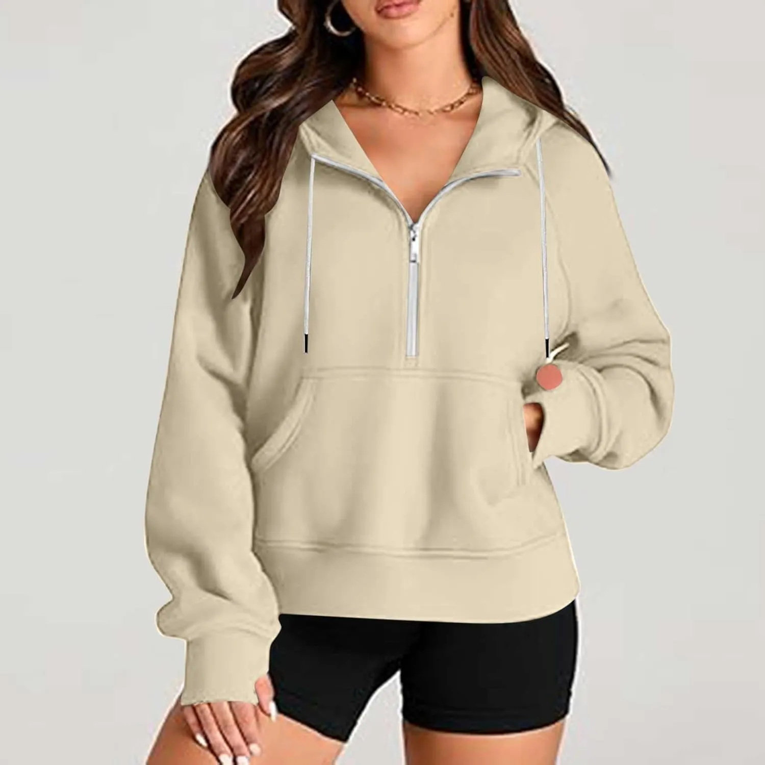 Women'S Fashion Hoodies Cropped Half Zip Pullover Tops Casual Loose Hoodie With Thumb Hole Fleece Soft Sweatshirt 2024