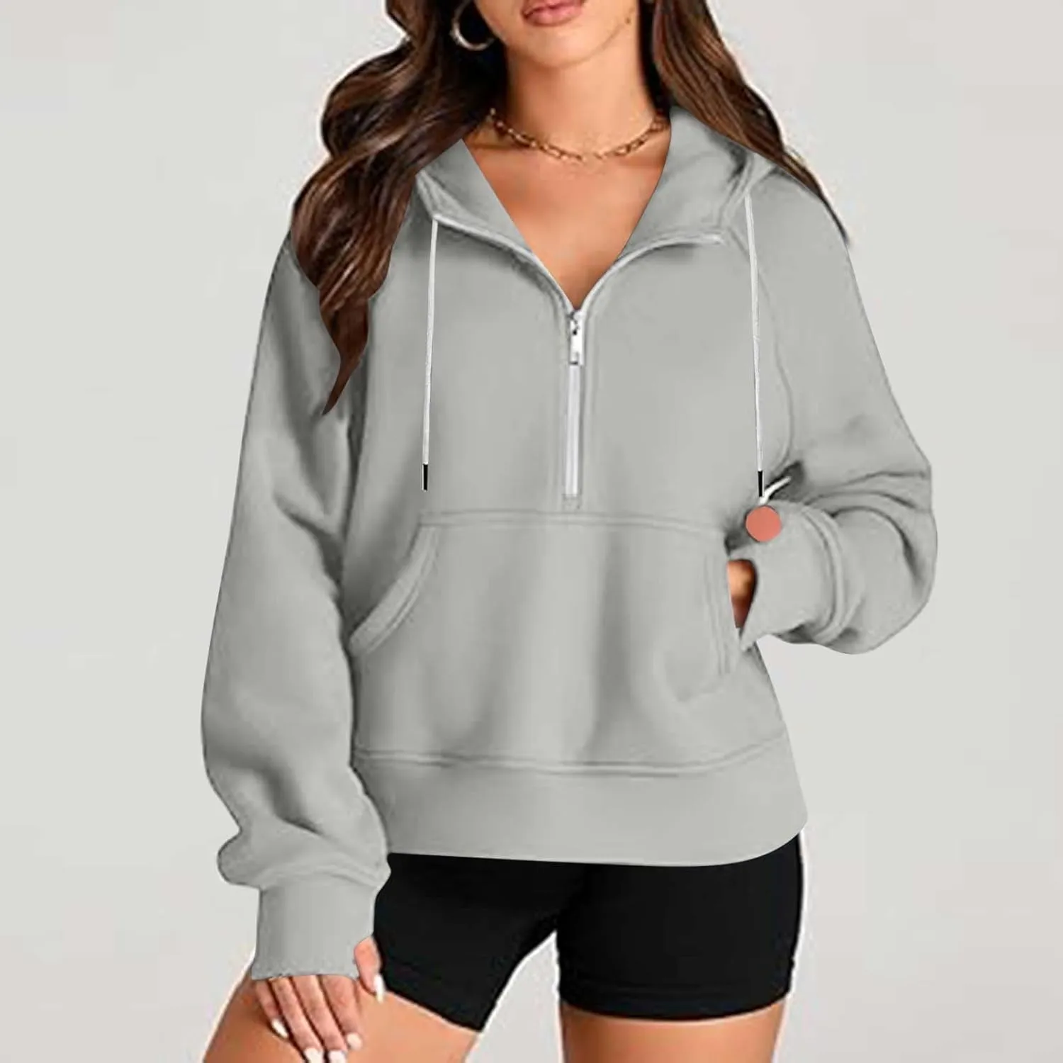 Women'S Fashion Hoodies Cropped Half Zip Pullover Tops Casual Loose Hoodie With Thumb Hole Fleece Soft Sweatshirt 2024