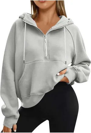 Women'S Fashion Hoodies Cropped Half Zip Pullover Tops Casual Loose Hoodie With Thumb Hole Fleece Soft Sweatshirt 2024