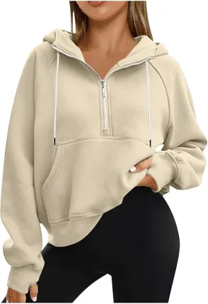 Women'S Fashion Hoodies Cropped Half Zip Pullover Tops Casual Loose Hoodie With Thumb Hole Fleece Soft Sweatshirt 2024