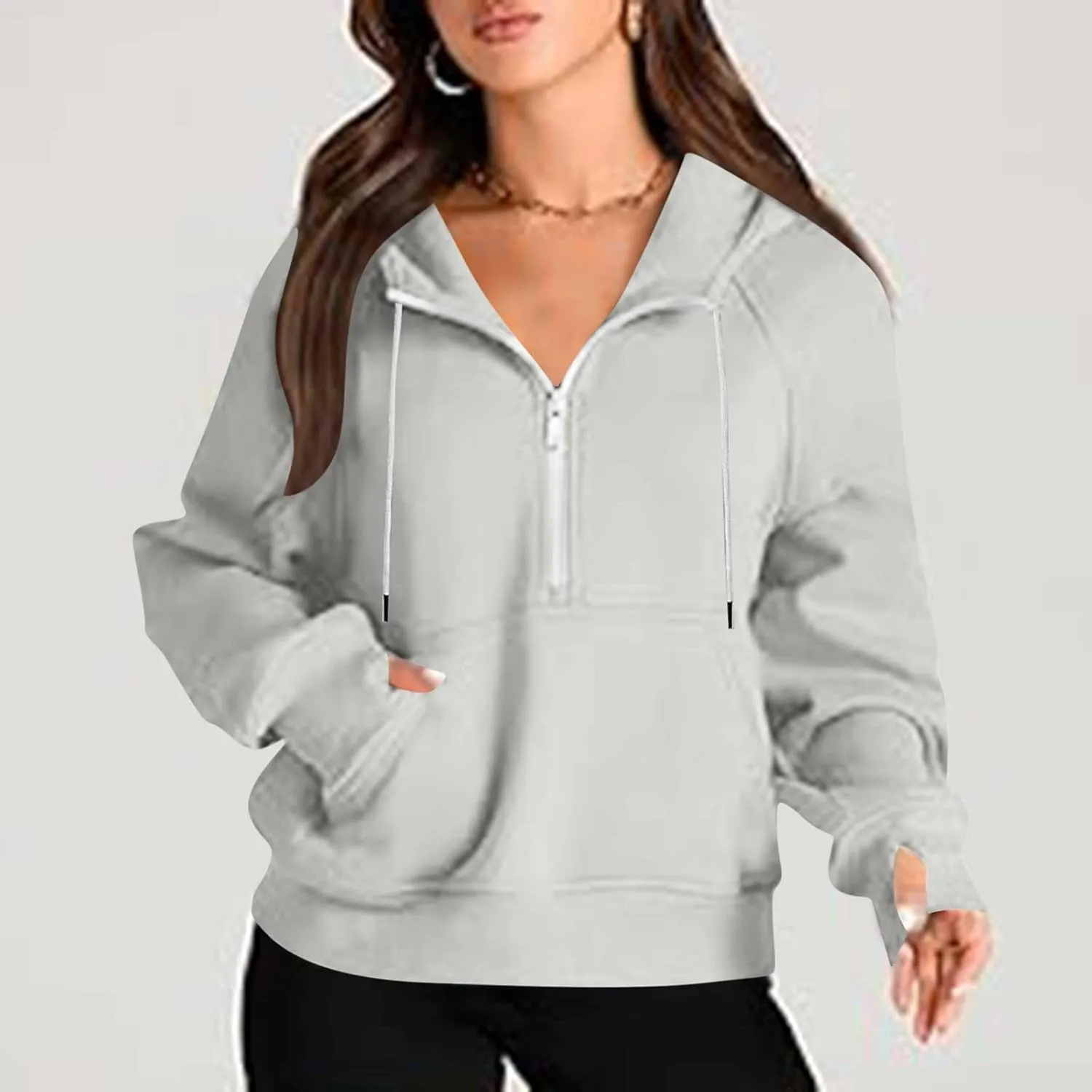 Women'S Fashion Hoodies Cropped Half Zip Pullover Tops Casual Loose Hoodie With Thumb Hole Fleece Soft Sweatshirt 2024