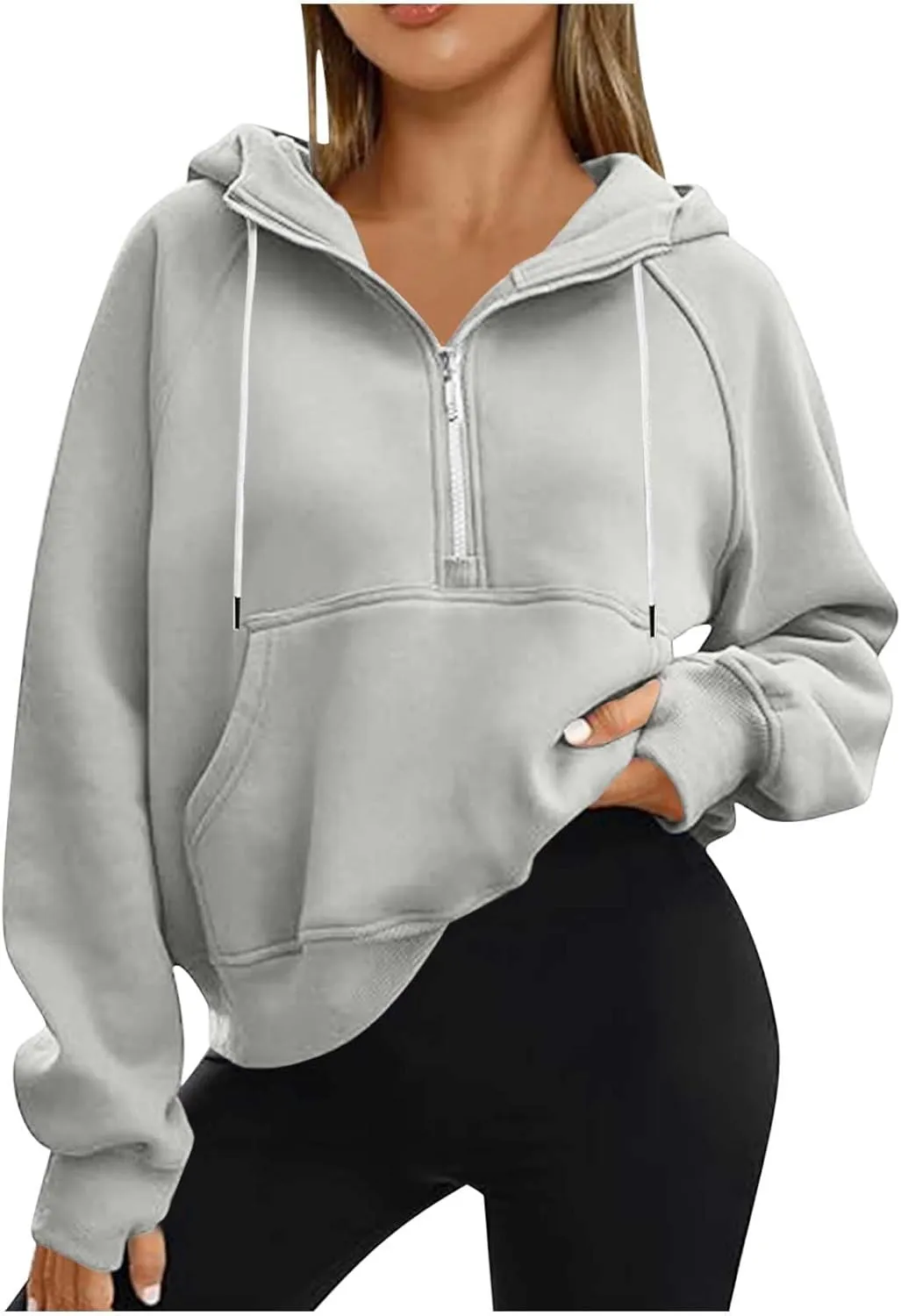 Women'S Fashion Hoodies Cropped Half Zip Pullover Tops Casual Loose Hoodie With Thumb Hole Fleece Soft Sweatshirt 2024