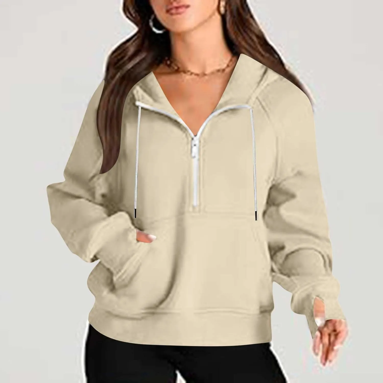 Women'S Fashion Hoodies Cropped Half Zip Pullover Tops Casual Loose Hoodie With Thumb Hole Fleece Soft Sweatshirt 2024