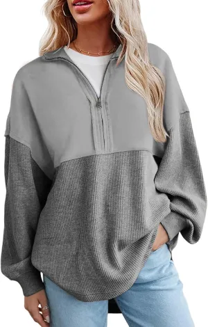 Women'S Fashion Sweatshirts Waffle Knit Sweatshirt Half Zip Cropped Pullover Spliced Fleece Quarter Zipper Sweatshirt