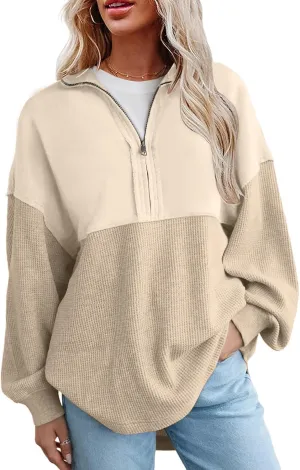 Women'S Fashion Sweatshirts Waffle Knit Sweatshirt Half Zip Cropped Pullover Spliced Fleece Quarter Zipper Sweatshirt