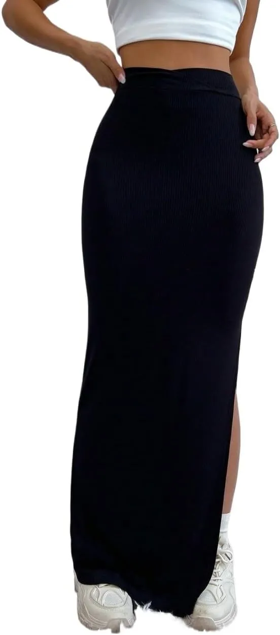 Women's Fashion Trendy Skirt Solid Waist Slit Skirt Maxi Women Elegant
