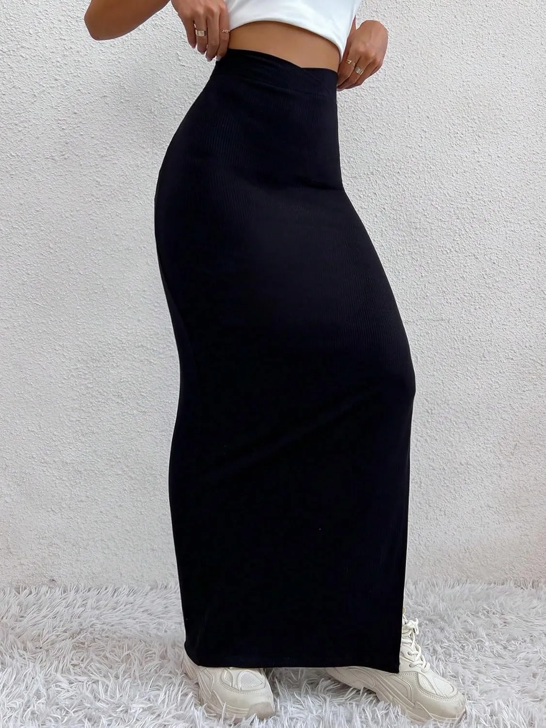 Women's Fashion Trendy Skirt Solid Waist Slit Skirt Maxi Women Elegant