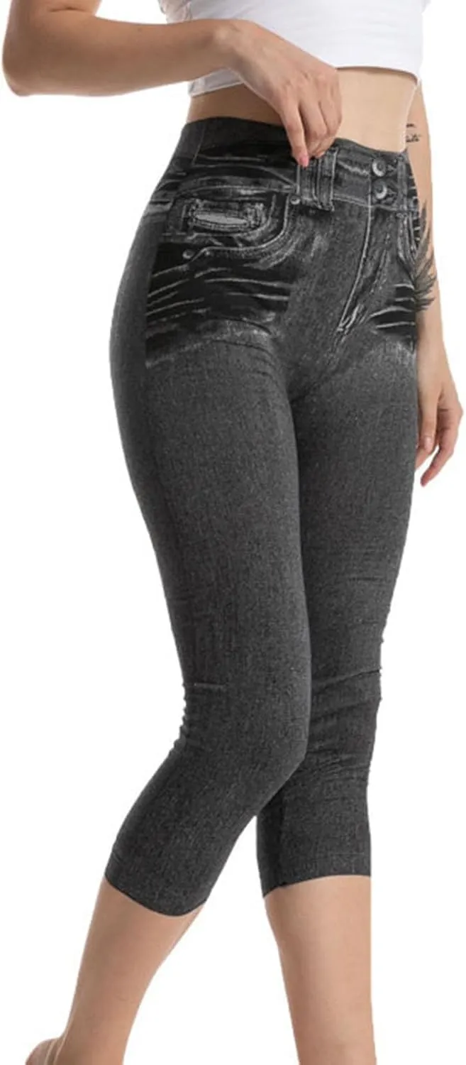 Womens Faux Denim Capri Pants Leggings High Waisted Yoga Pants Hip-Lifting Slim Fit Short Tights Stretch Faux Jeans
