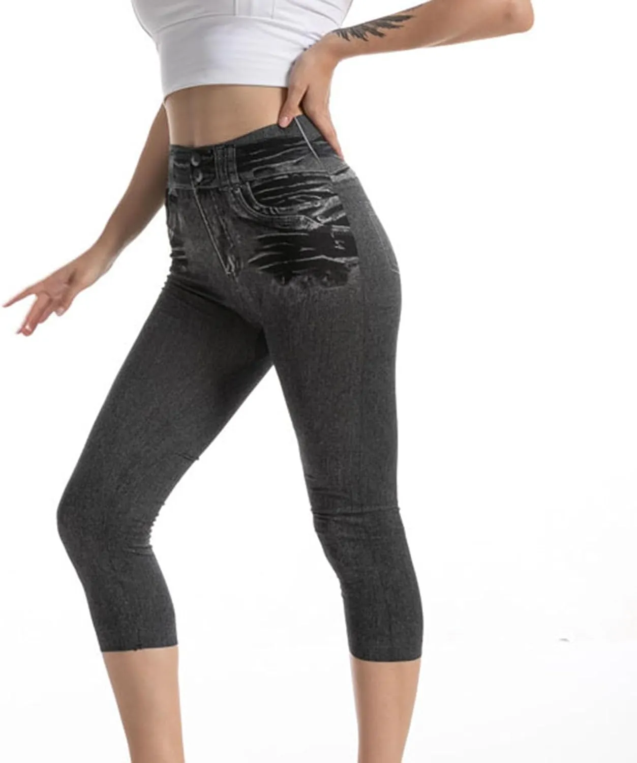 Womens Faux Denim Capri Pants Leggings High Waisted Yoga Pants Hip-Lifting Slim Fit Short Tights Stretch Faux Jeans
