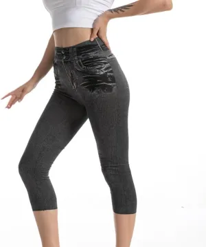 Womens Faux Denim Capri Pants Leggings High Waisted Yoga Pants Hip-Lifting Slim Fit Short Tights Stretch Faux Jeans