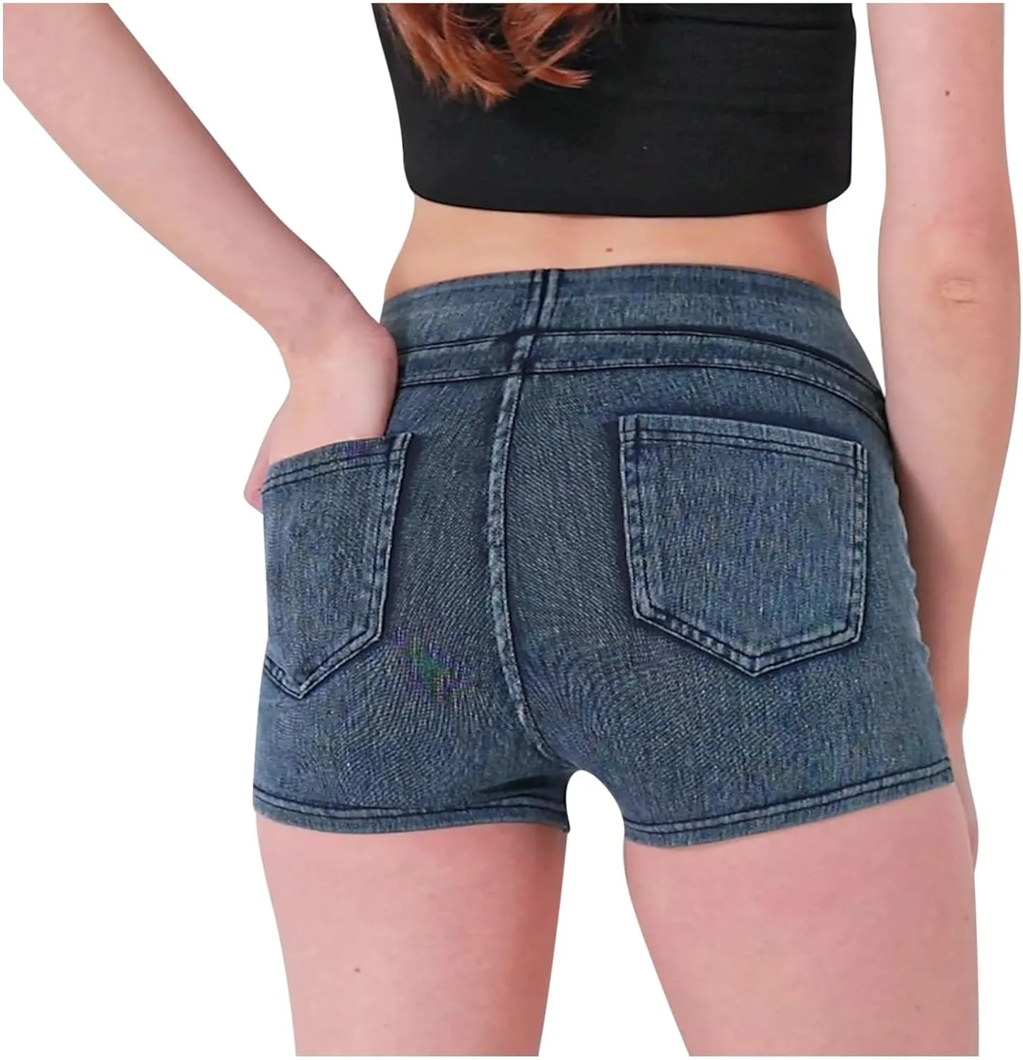 Womens Faux Denim Shorts High Waisted Stretchy Jeans Look Dressy Sexy Butt-Lifting Shorts Summer Bottoms