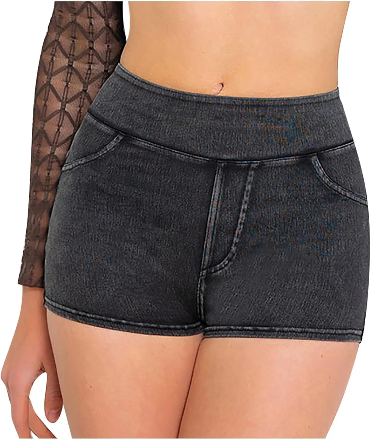 Womens Faux Denim Shorts High Waisted Stretchy Jeans Look Dressy Sexy Butt-Lifting Shorts Summer Bottoms
