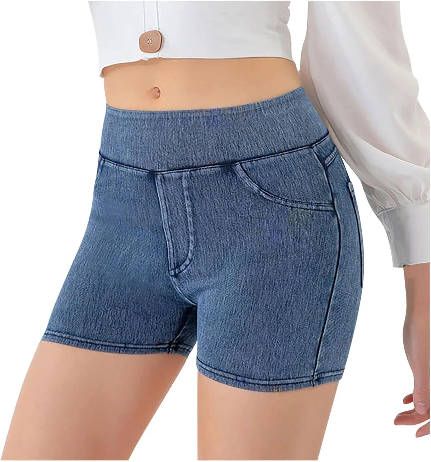 Womens Faux Denim Shorts High Waisted Stretchy Jeans Look Dressy Sexy Butt-Lifting Shorts Summer Bottoms