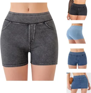 Womens Faux Denim Shorts High Waisted Stretchy Jeans Look Dressy Sexy Butt-Lifting Shorts Summer Bottoms