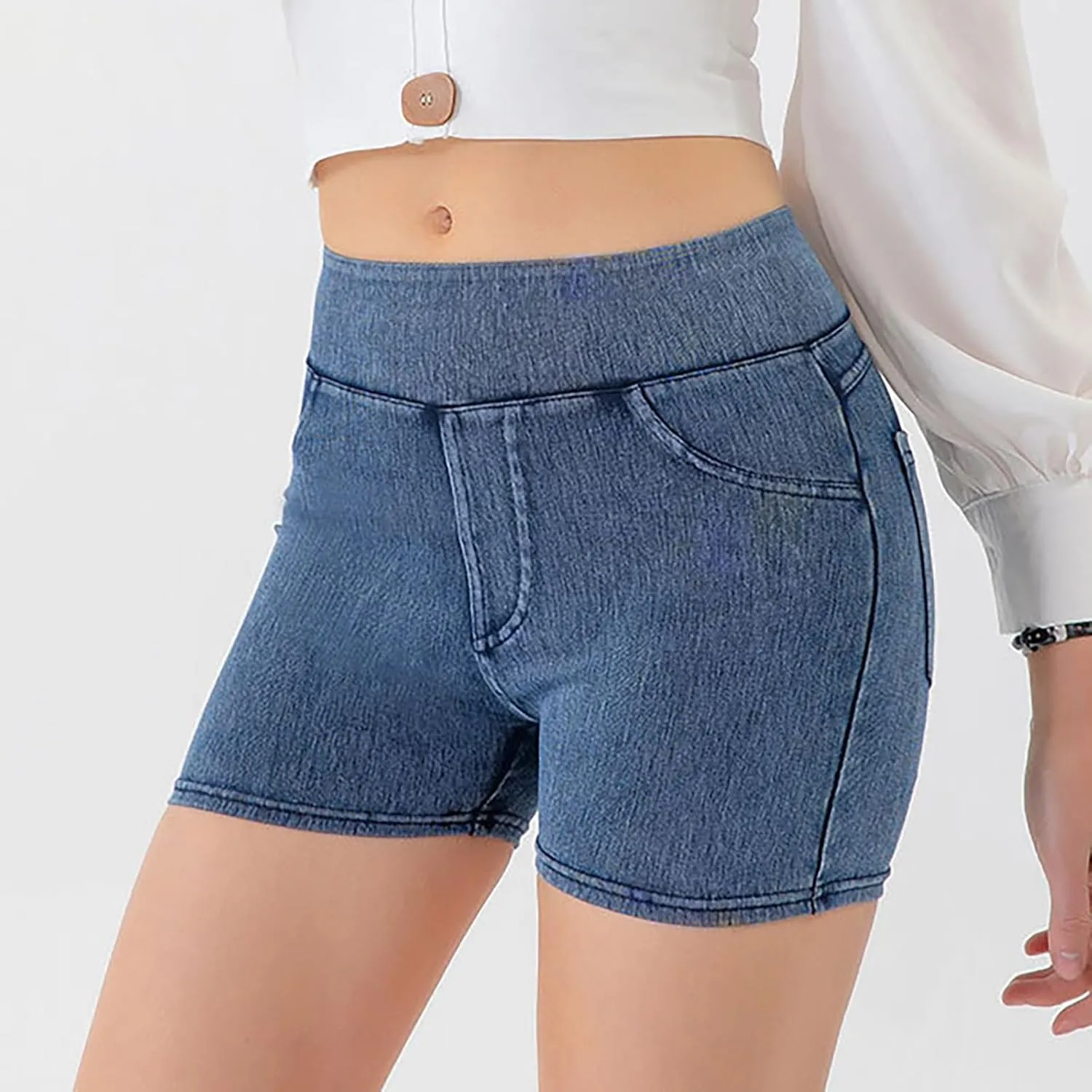 Womens Faux Denim Shorts High Waisted Stretchy Jeans Look Dressy Sexy Butt-Lifting Shorts Summer Bottoms